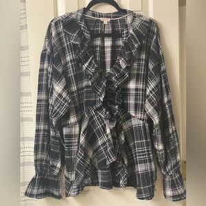 Anthropologie Pilcro Plaid Ruffle Long Sleeve Button Up Blouse Size XL